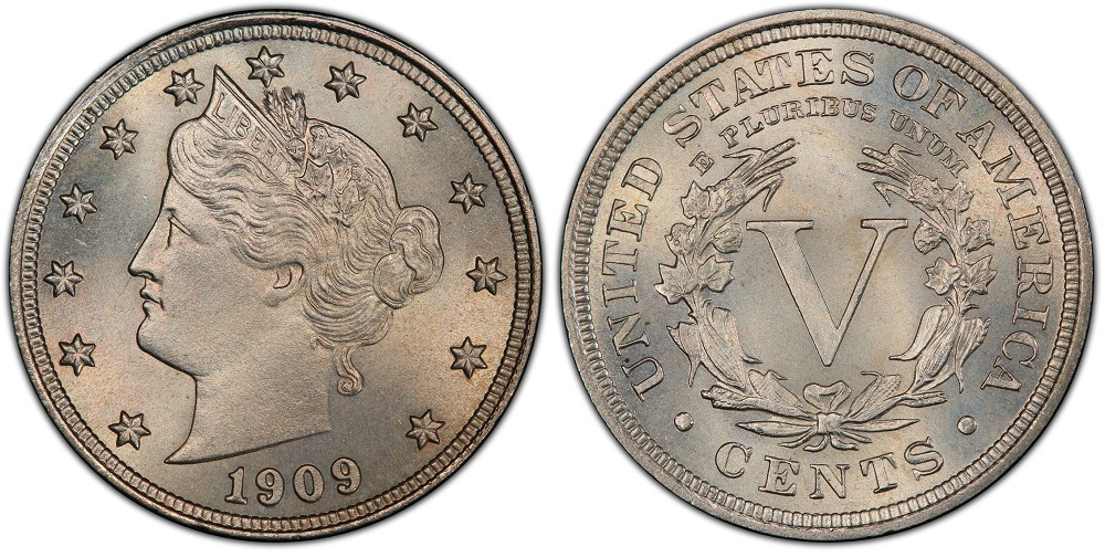 1909 Liberty Head V Nickel obverse and reverse, showing Liberty portrait and large V reverse design
