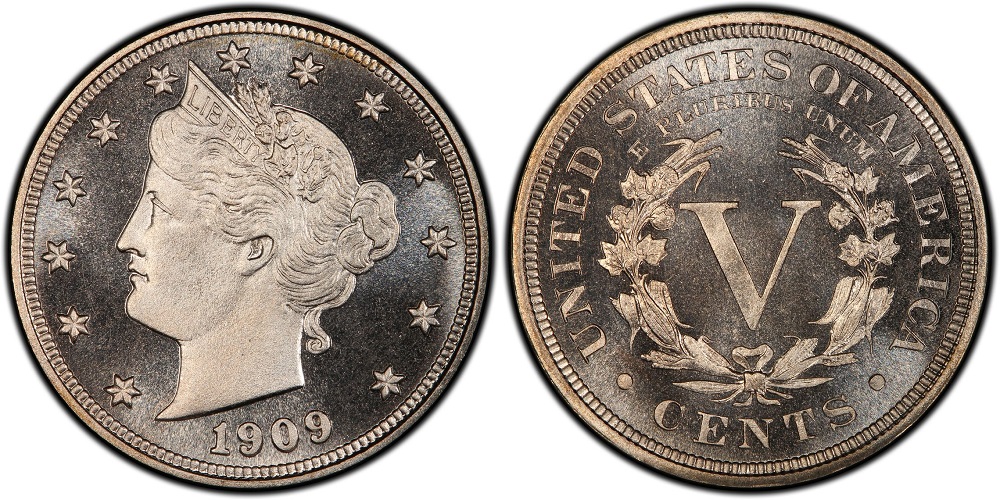 Side-by-side comparison of a 1909 Liberty Nickel Proof with mirrored fields versus a business strike with frosty luster