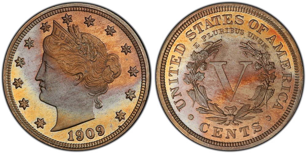 1909 Liberty Nickel Proof Strike showing deeply mirrored fields compared to business strike