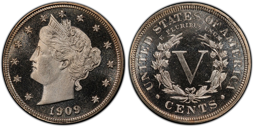 1909 Liberty Nickel Proof Cameo showing frosted Liberty portrait against deeply mirrored fields