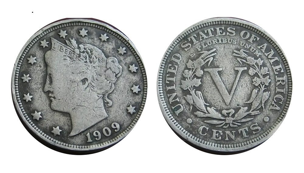 1909 Liberty V Nickel with die crack variety showing raised line through the coin field