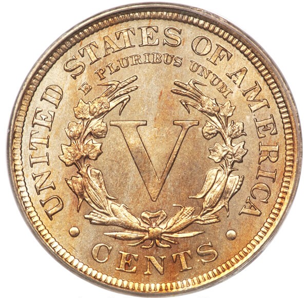 1909 Liberty V Nickel reverse showing weak corn-ear strike detail at lower-left wreath compared to well-struck example