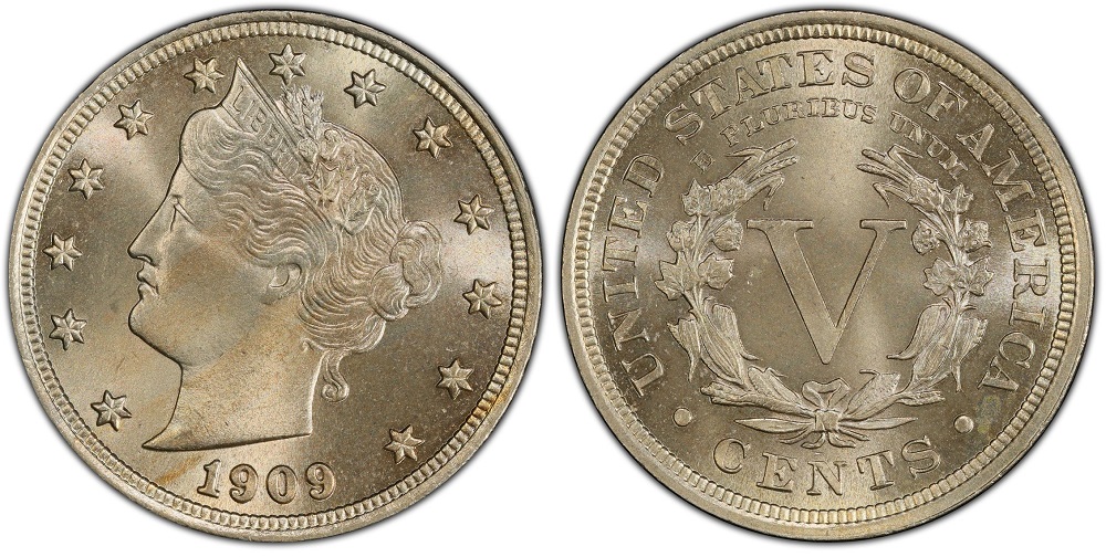 1909 Liberty V Nickel grading strip showing Good, Fine, Extremely Fine, and Mint State condition examples side by side
